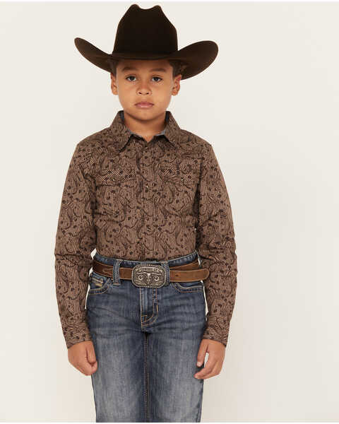 Cody James Boys' Linear Paisley Print Long Sleeve Western Snap Shirt, Charcoal, hi-res