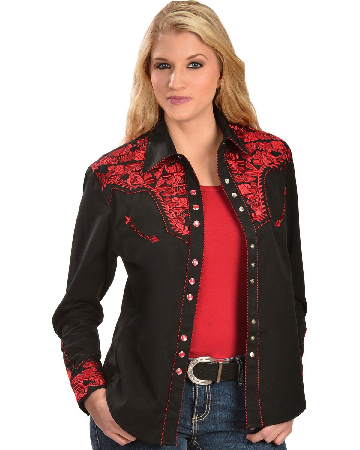 Scully Women's Crimson Floral Embroidered Shirt, Red, hi-res