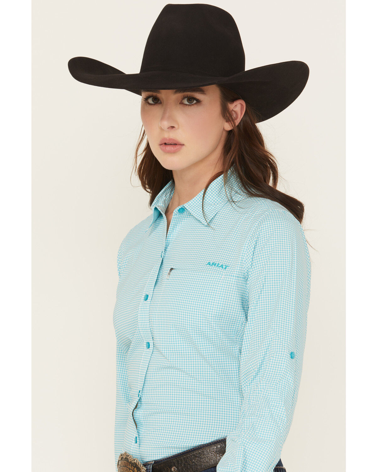 Image #2 - Ariat Women's VentTEK Plaid Print Long Sleeve Button-Down Stretch Western Shirt, Turquoise, hi-res