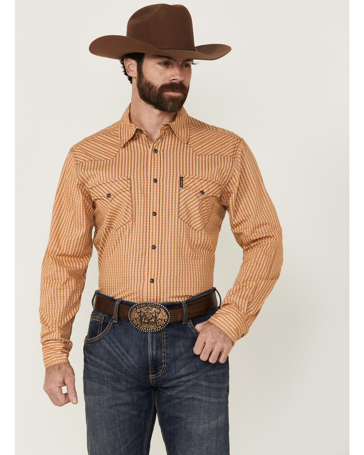 Image #1 - Cinch Men's Geo Striped Print Long Sleeve Snap Western Shirt, Gold, hi-res