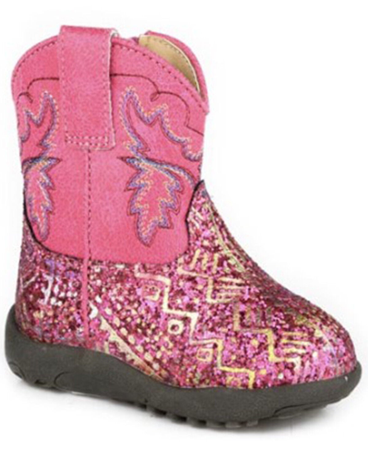 Image #1 - Roper Infant Girls' Cowbabies Glitter Southwestern Print Western Boots - Round Toe, Pink, hi-res