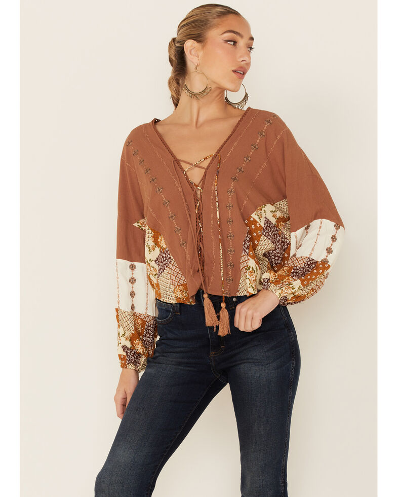 Miss Me Woman's Brown Mixed Media Embroidered Flowy Blouse, Brown, hi-res