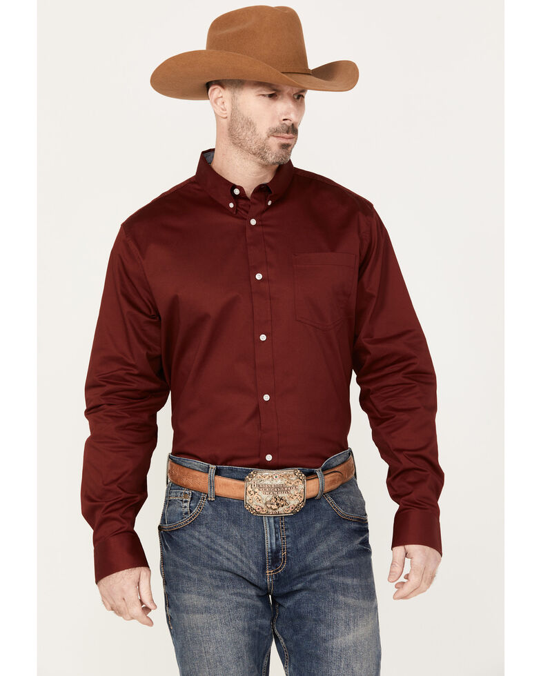Rank 45 Men's Twill Logo Long Sleeve Button-Down Western Shirt , Wine, hi-res
