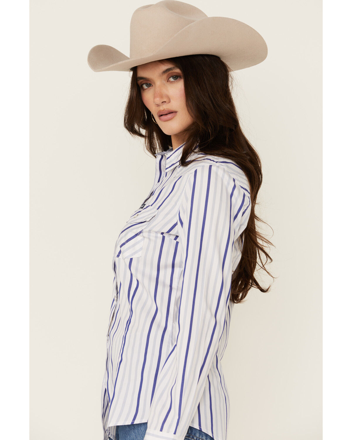 Image #2 - Wrangler Retro Women's Striped Print Long Sleeve Snap Western Shirt, Blue, hi-res