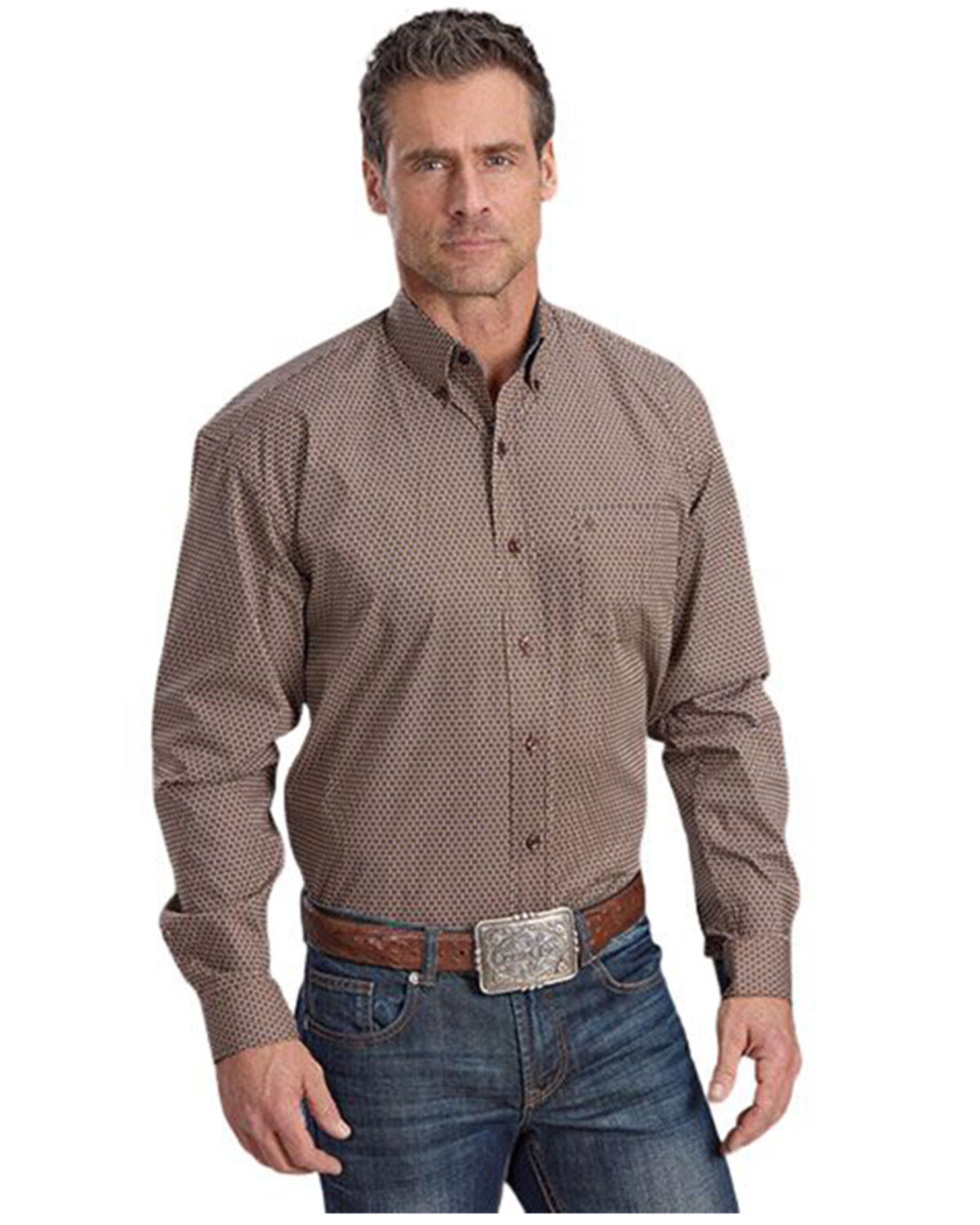 Image #1 - Stetson Men's Geo Print Long Sleeve Button-Down Western Shirt, Brown, hi-res