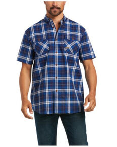 Ariat Men's Rebar Navy Plaid Duratrretch Short Sleeve Button-Down Work Shirt , Navy, hi-res