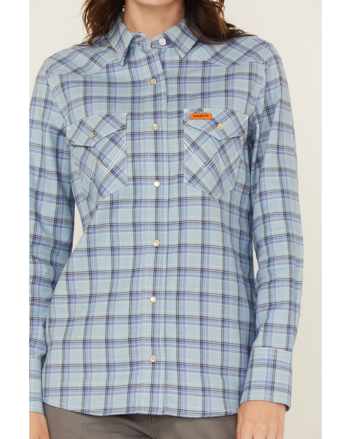 Image #3 - Wrangler Women's FR Riverside Plaid Print Long Sleeve Snap Work Shirt, Blue, hi-res