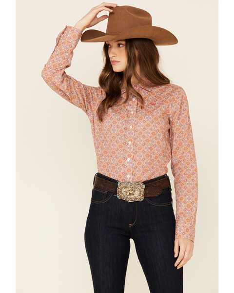 Cinch Women's Tile Geo Print Long Sleeve Button Down Western Core Shirt , Orange, hi-res