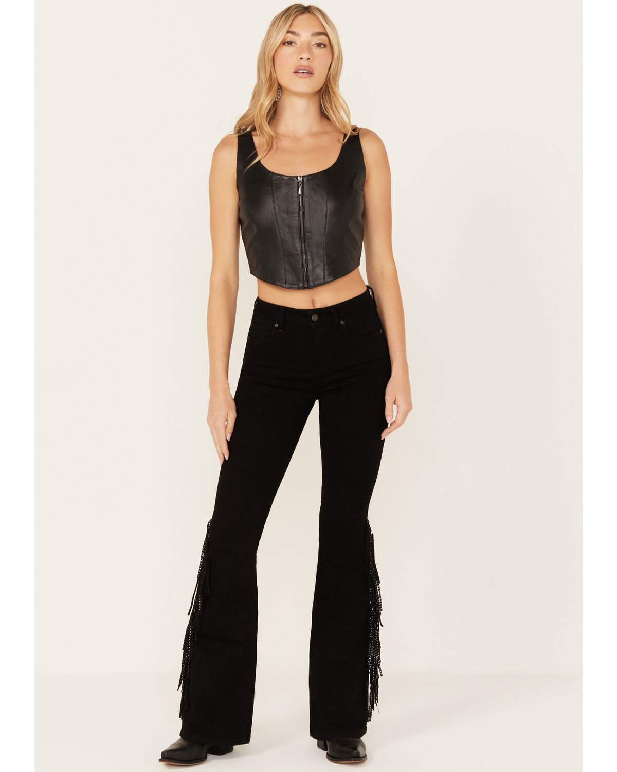 Image #1 - Idyllwind Women's Bordeaux Gypsy High Rise Stretch Studded Flare Jeans, Black, hi-res