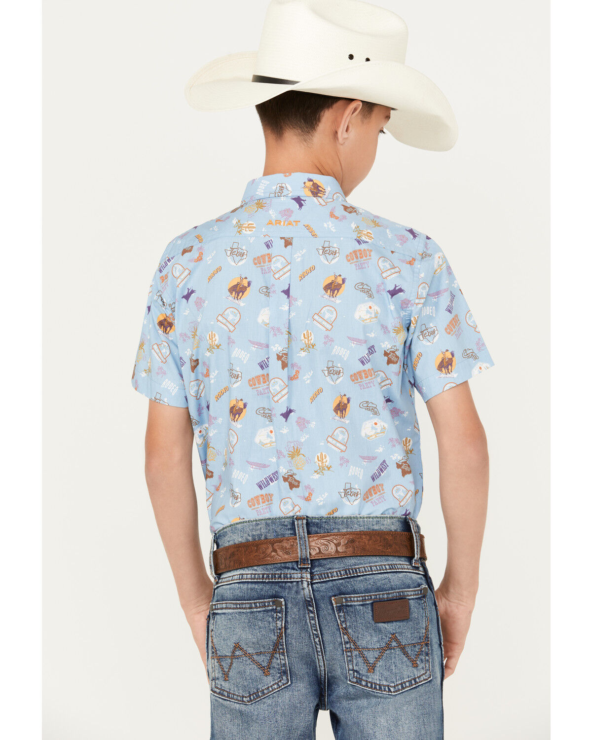 Image #4 - Ariat Boys' Maurico Print Classic Fit Short Sleeve Button Down Western Shirt, Light Blue, hi-res