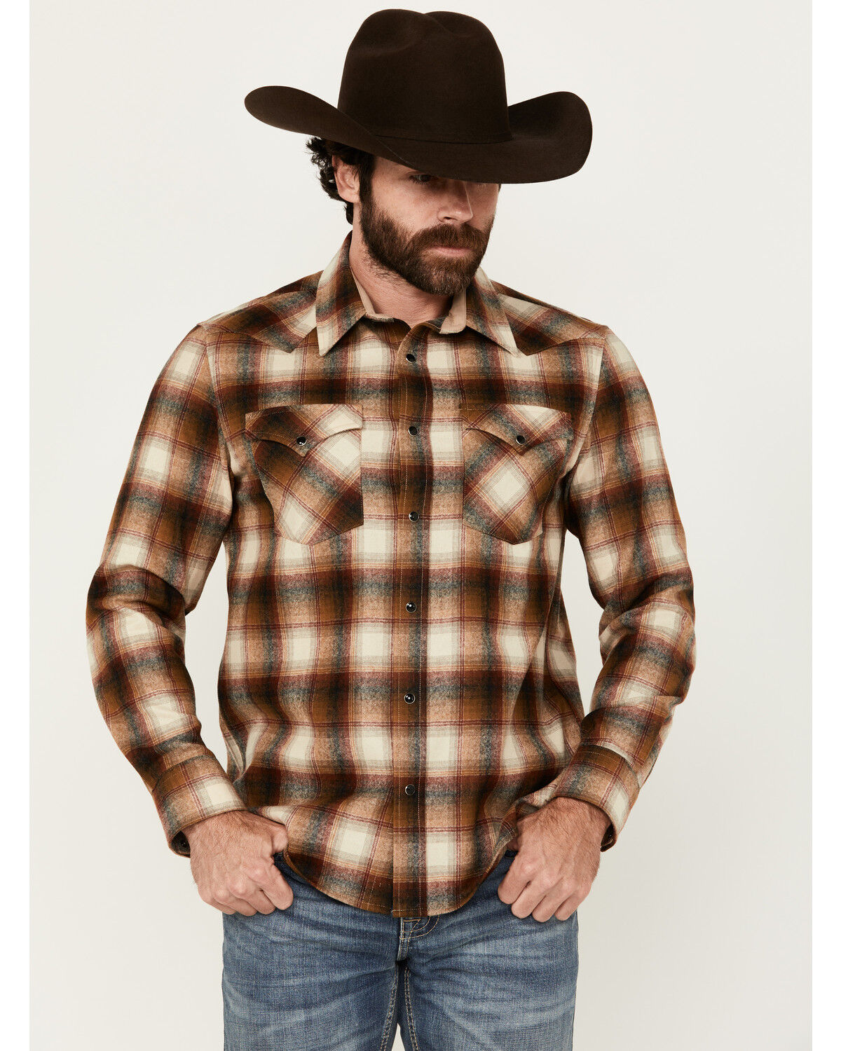 Image #1 - Pendleton Men's Canyon Plaid Print Long Sleeve Snap Western Shirt, Copper, hi-res