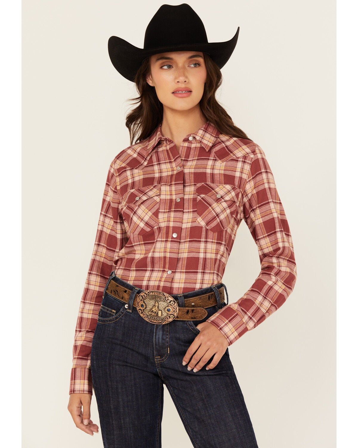 Wrangler Retro Women's Apple Butter Plaid Print Long Sleeve Pearl Snap Flannel Shirt, Rust Copper, hi-res