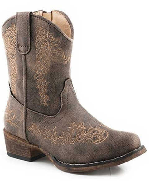 Image #1 - Roper Toddler Girls' Riley Scroll Western Boots - Snip Toe, Brown, hi-res