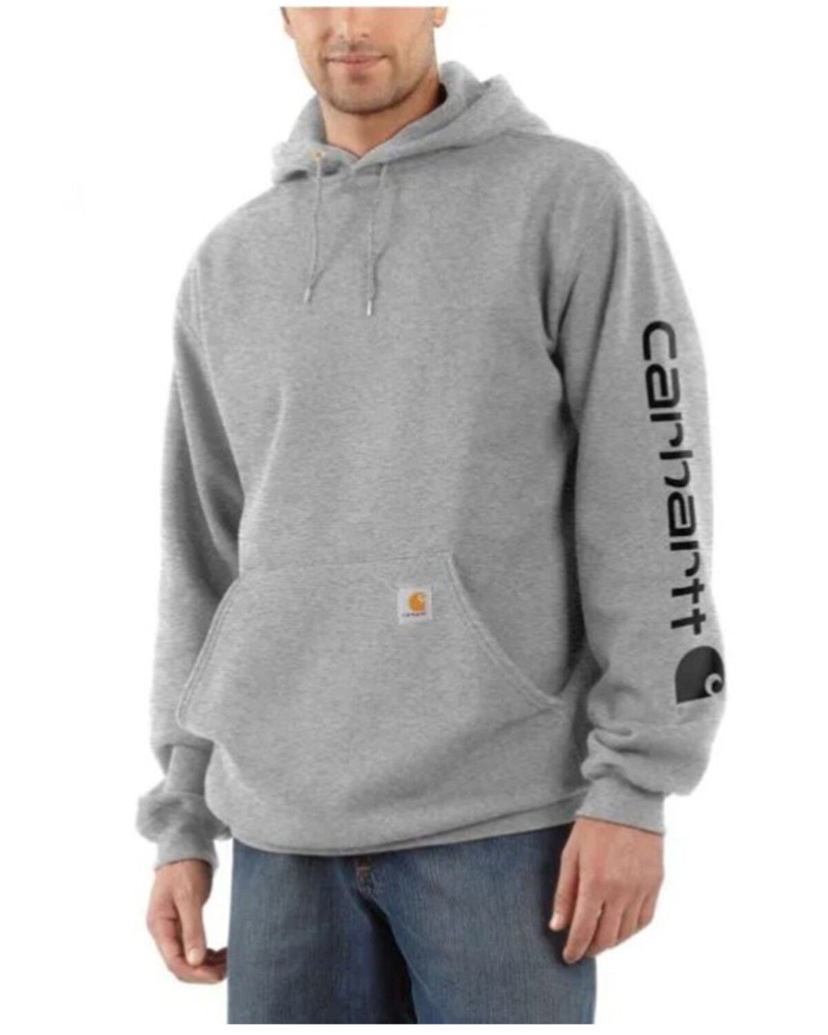 Carhartt Men's Heather Gray & Black Signature Sleeve Logo Hooded Work Sweatshirt - Big, Heather Grey, hi-res