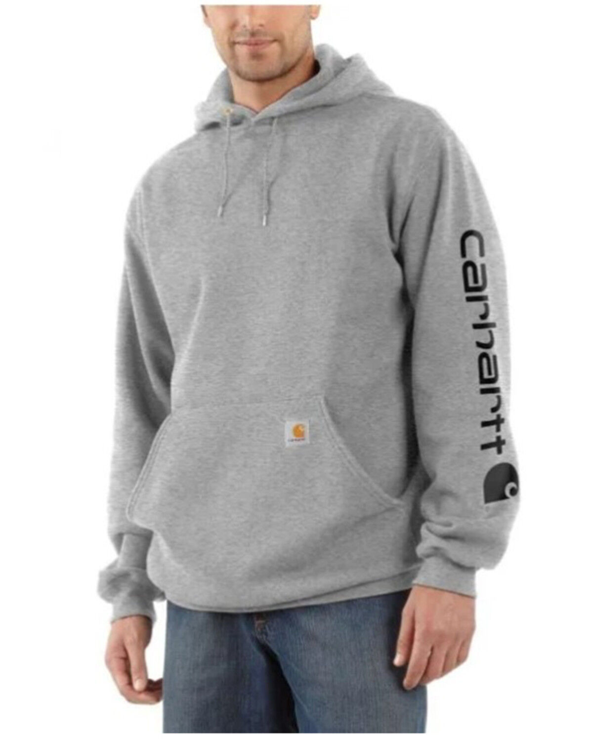 Image #1 - Carhartt Men's Heather Gray & Black Signature Sleeve Logo Hooded Work Sweatshirt - Big, Heather Grey, hi-res