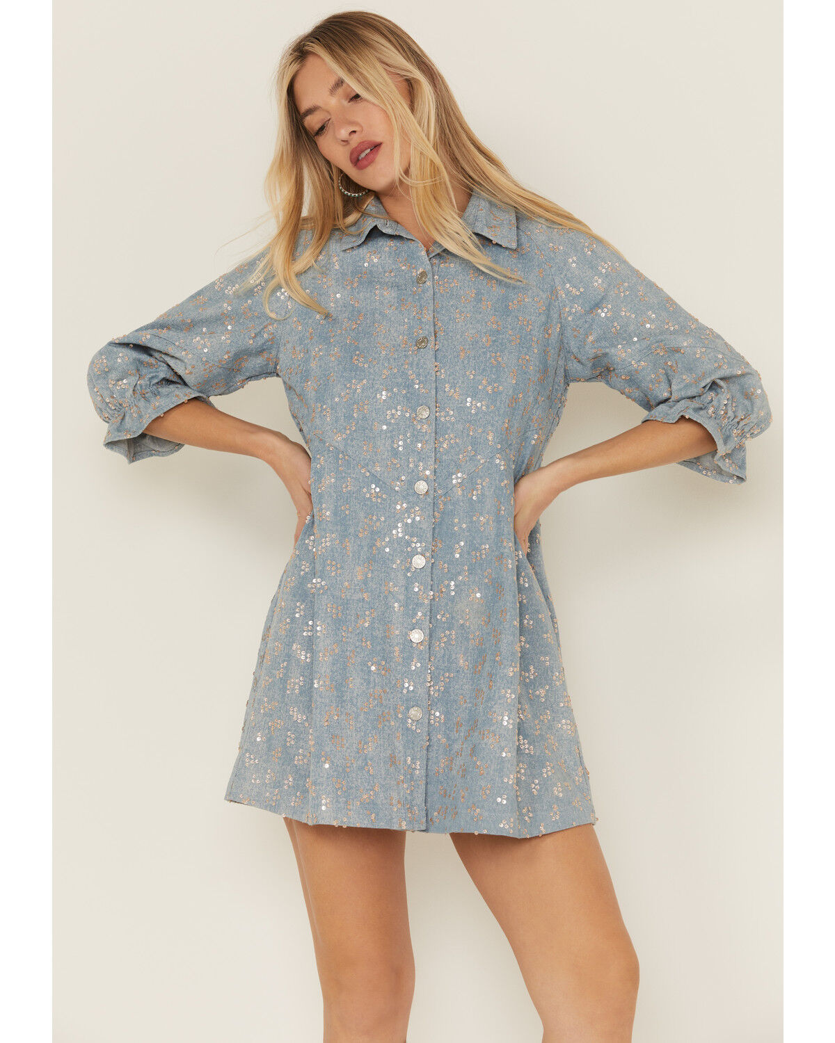 Image #2 - Blue B Women's Denim Sequins Mini Dress, Blue, hi-res