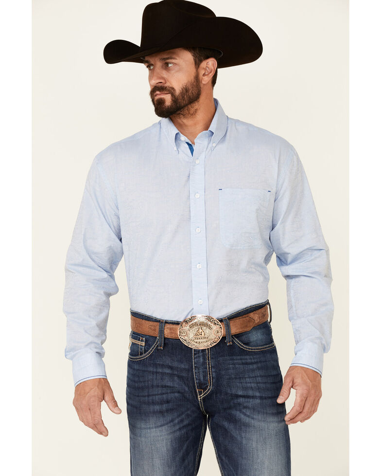 Rough Stock By Panhandle Men's Jacquard Paisley Print Long Sleeve Button-Down Western Shirt , Light Blue, hi-res