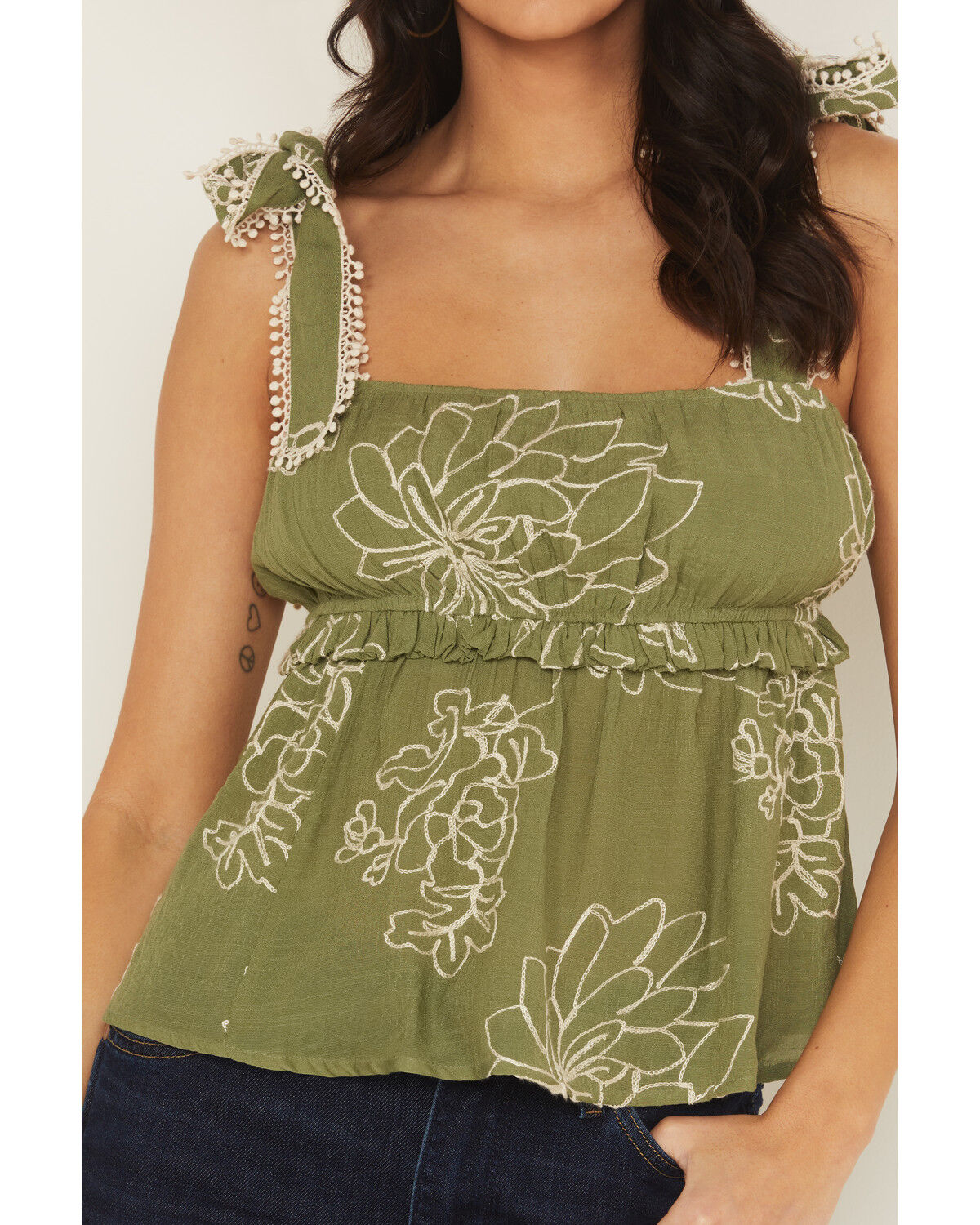 Image #3 - Wild Moss Women's Floral Embroidered Sleeveless Tie Strap Shirt, Olive, hi-res