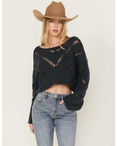 Free People Women's Distressed Cropped Sweater, Navy, hi-res