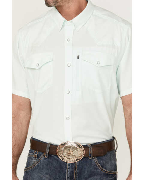 Image #3 - RANK 45® Men's 8 Seconds Short Sleeve Pearl Snap Western Tech Shirt , Aqua, hi-res