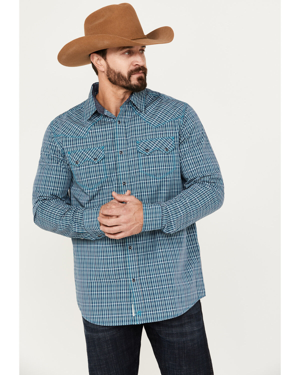 Image #1 - Moonshine Spirit Men's Free Bird Plaid Print Long Sleeve Western Snap Shirt, Navy, hi-res