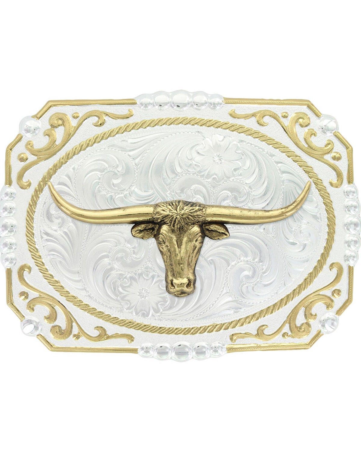Image #1 - Montana Silversmiths Two-Tone Cowboy Cameo with Longhorn Belt Buckle, Silver, hi-res