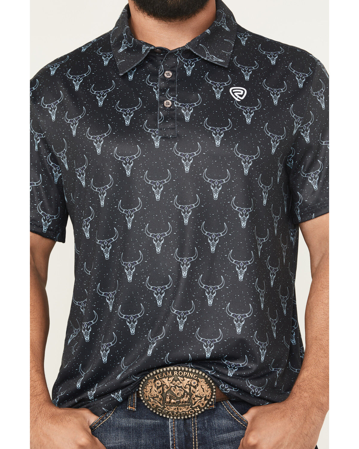 Image #3 - Rock & Roll Denim Men's Longhorn Print Short Sleeve Button-Down Stretch Polo Shirt, Black, hi-res