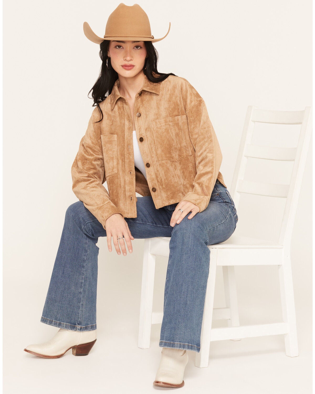 White Crow Women's Faux Suede Button-Down Cropped Shacket, Tan, hi-res