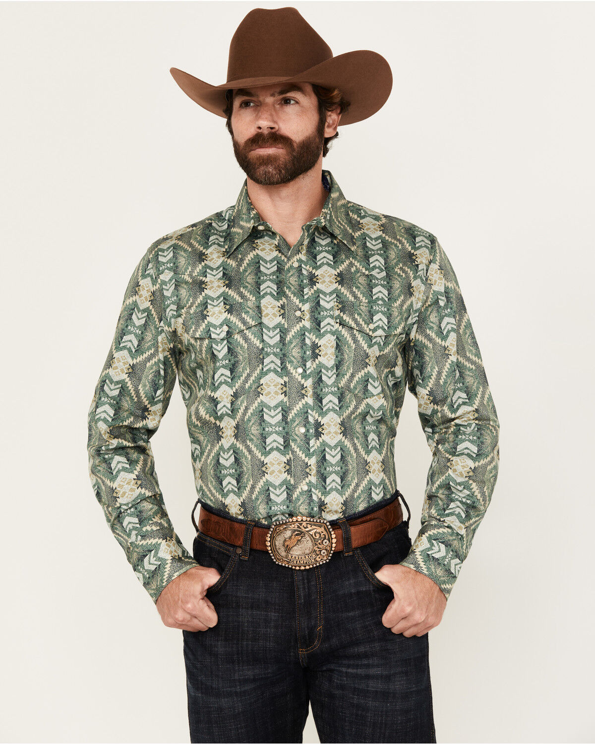 Image #1 - Wrangler Men's Checotah Southwestern Print Long Sleeve Pearl Snap Western Shirt, Green, hi-res