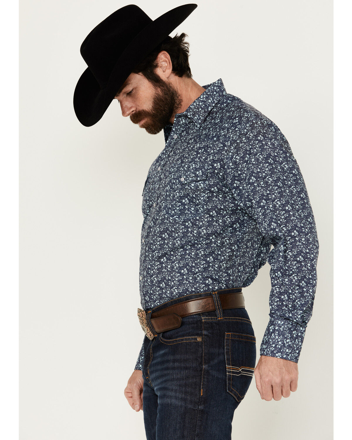 Image #2 - Roper Men's Floral Print Long Sleeve Snap Western Shirt - Tall, Navy, hi-res