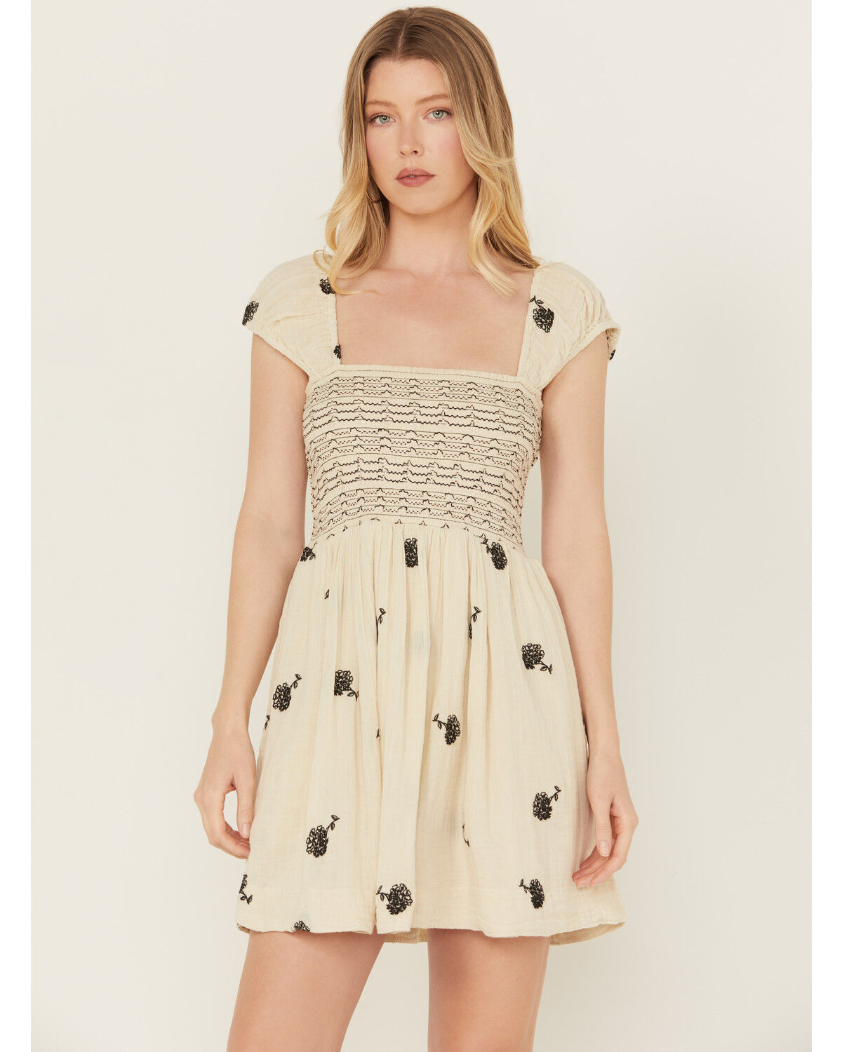 Image #1 - Free People Women's Tory Floral Smocked Mini Dress, Cream, hi-res