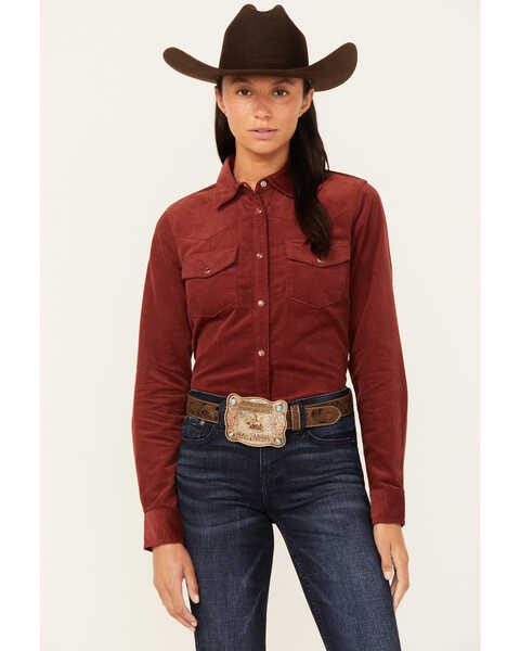 Shyanne Women's Maplewood Long Sleeve Pearl Snap Corduroy Shirt , Dark Red, hi-res