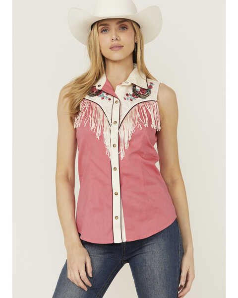 Rock & Roll Denim Women's Horseshoe Floral Fringe Sleeveless Snap Western Shirt , Pink, hi-res
