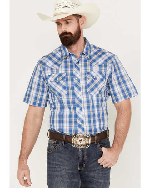 Wrangler Men's Fashion Plaid Print Short Sleeve Snap Western Shirt, Blue, hi-res
