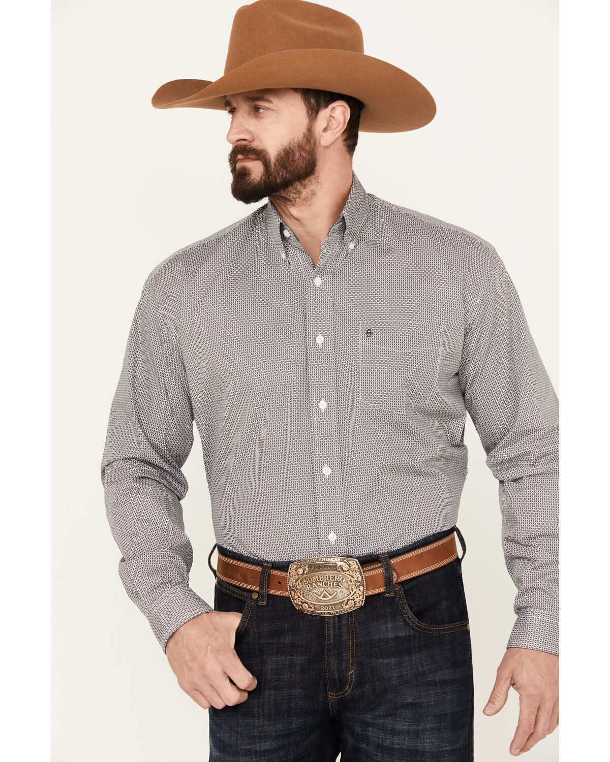 Image #1 - Stetson Men's Diamond Geo Print Long Sleeve Button Down Western Shirt, Grey, hi-res