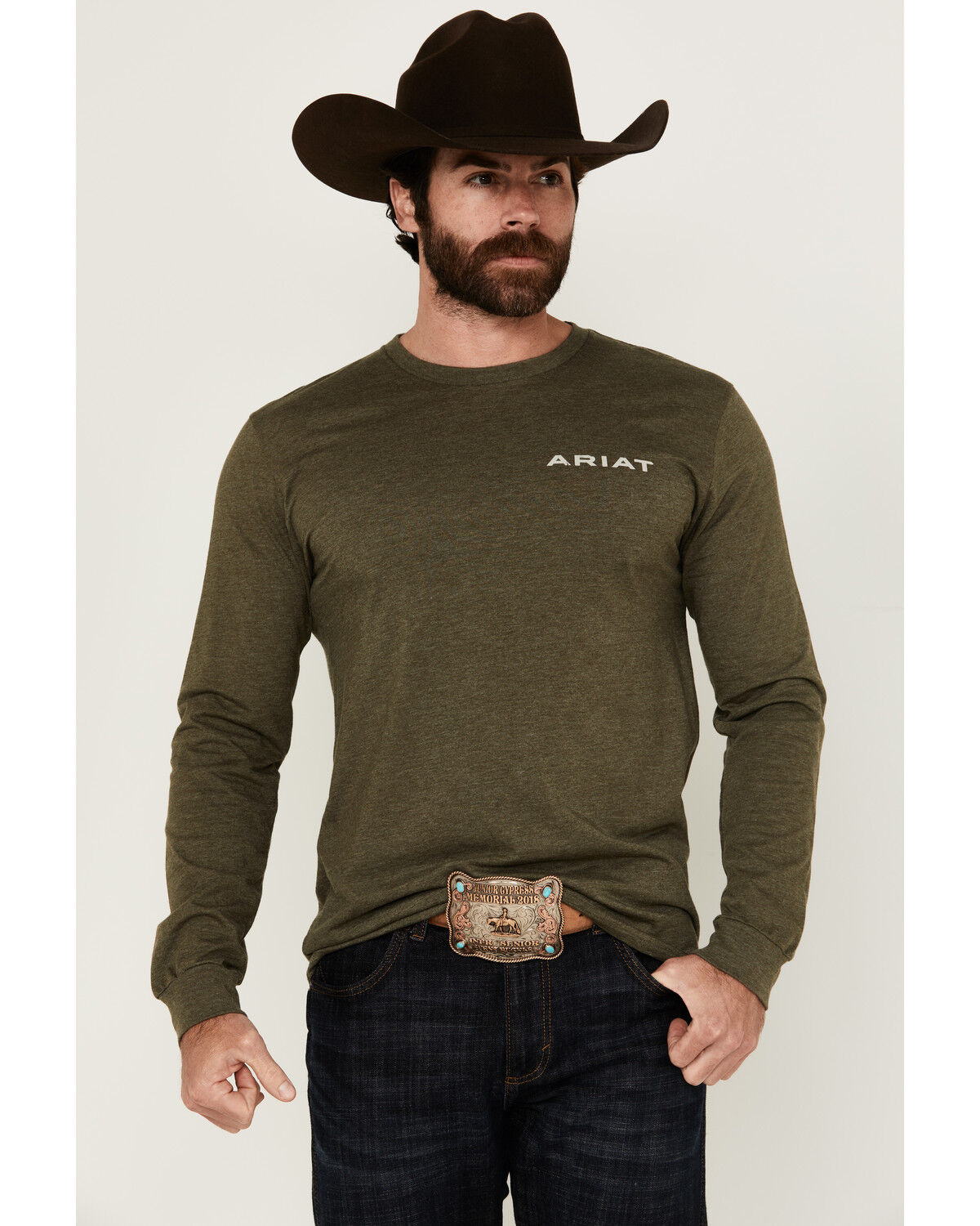 Image #2 - Ariat Men's Boarded Hex Flag Long Sleeve Graphic T-Shirt, Heather Green, hi-res