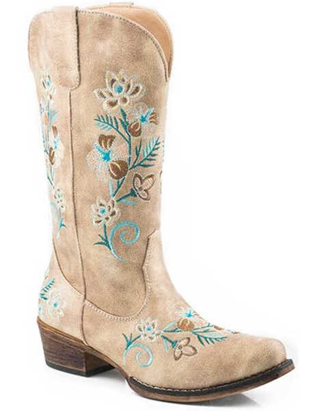 Image #1 - Roper Women's Riley Floral Western Performance Boots - Snip Toe, Tan, hi-res