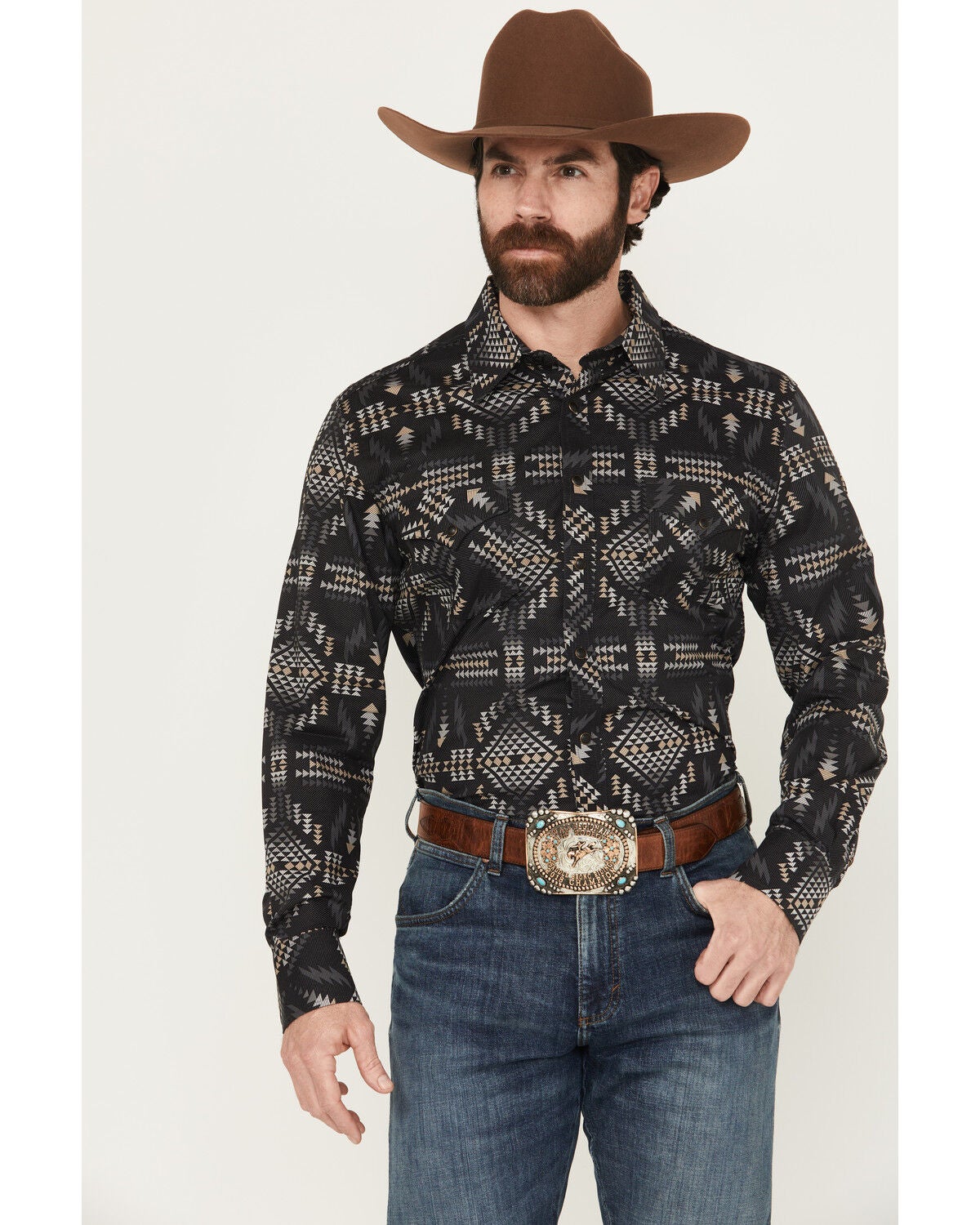 Rock & Roll Denim Men's Southwestern Print Long Sleeve Snap Stretch Western Shirt, Black, hi-res