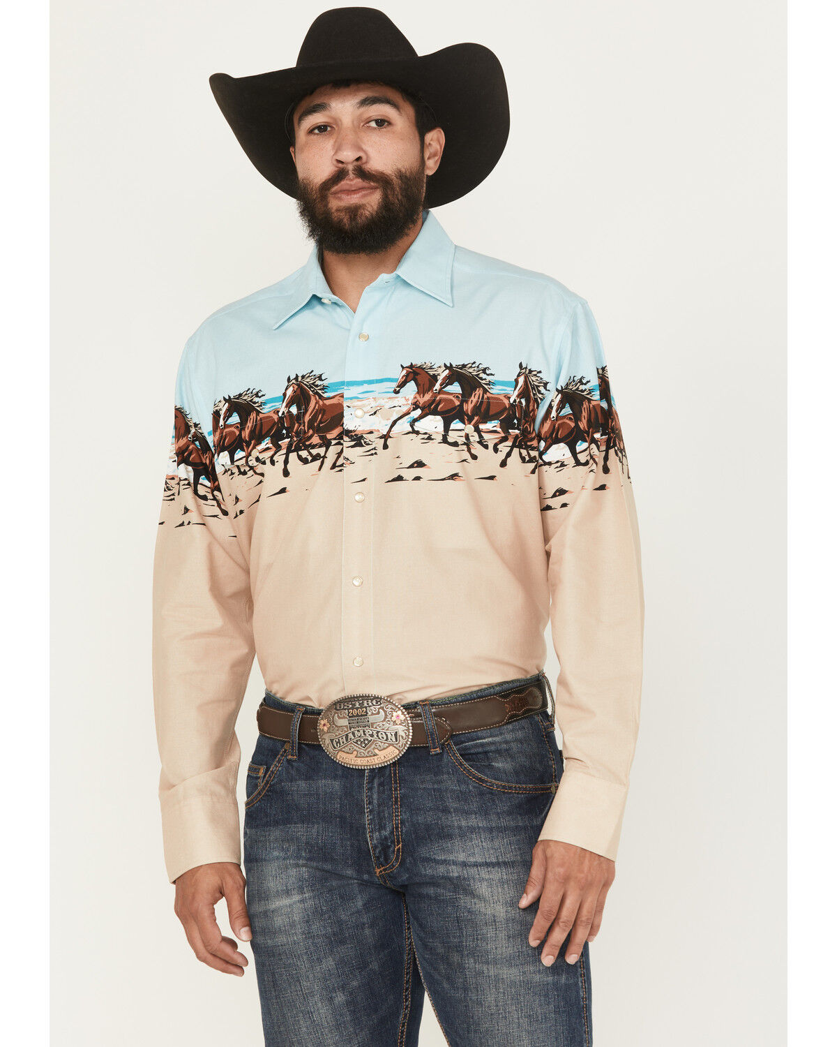 Image #1 - Panhandle Slim Men's Horse Border Print Long Sleeve Pearl Snap Western Shirt, Tan, hi-res