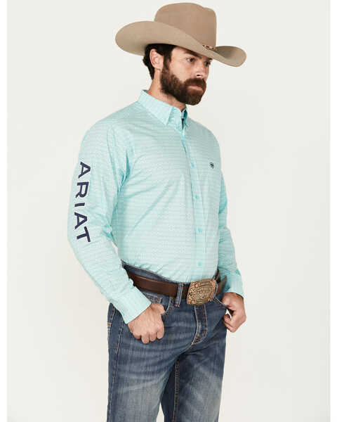 Ariat Men's Gian Team Logo Geo Print Long Sleeve Button-Down Western Shirt , Aqua, hi-res
