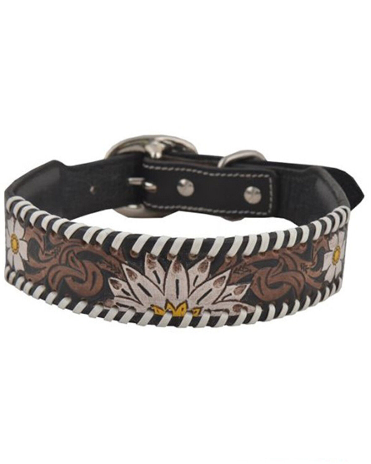 Image #2 - Myra Bag Daisy Hand Tooled Leather Dog Collar, Brown, hi-res