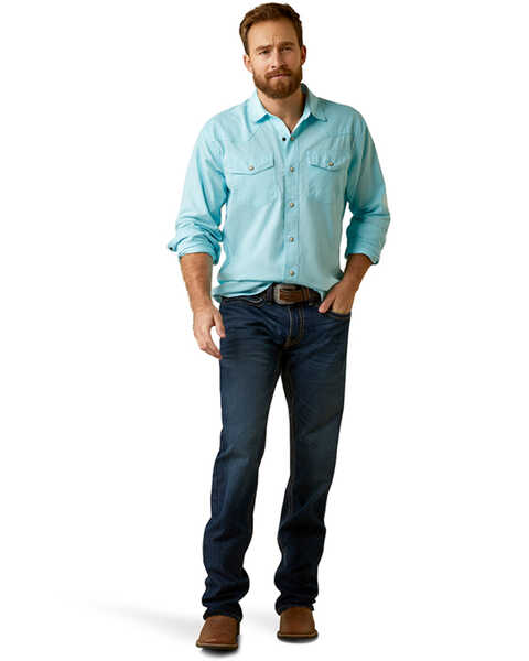 Ariat Men's Ace Retro Fit Solid Long Sleeve Snap Western Shirt , Aqua, hi-res