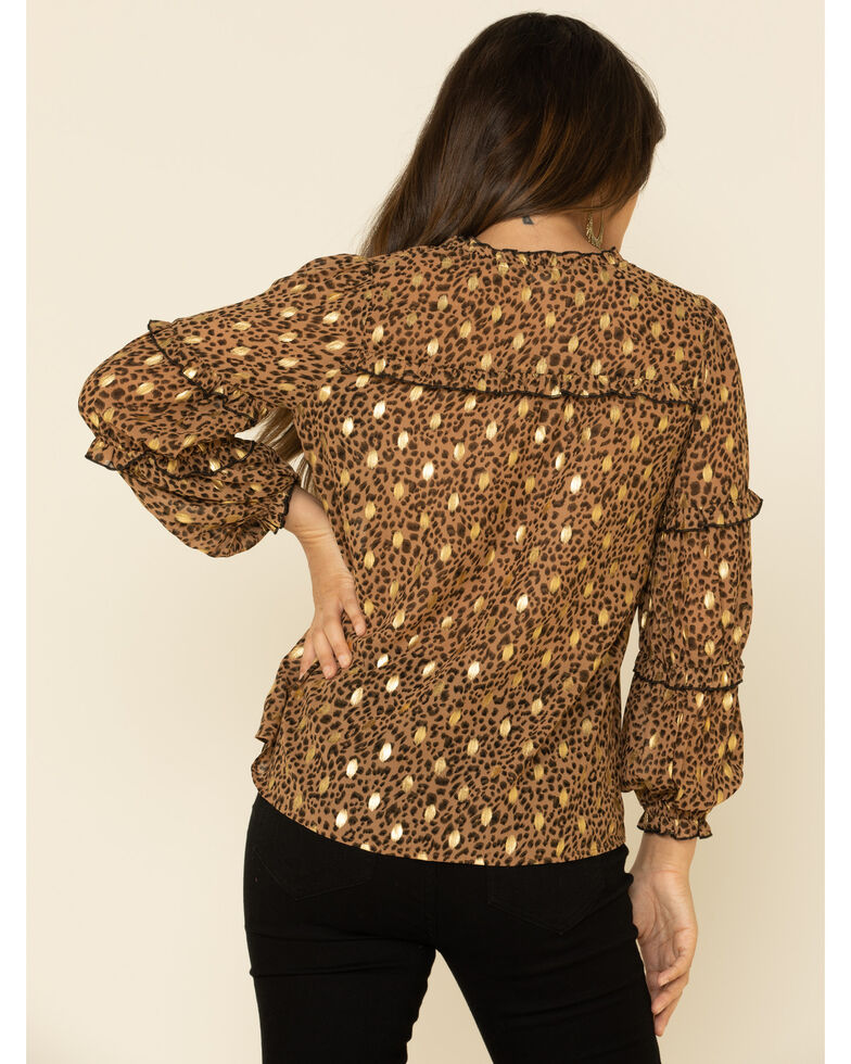 Mystree Women's Brown Leopard Foil Puff Sleeve Blouse Top, Leopard, hi-res