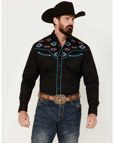 Rodeo Clothing Men's Fancy Smiley Yoke Embroidered Long Sleeve Snap Western Shirt , Black, hi-res