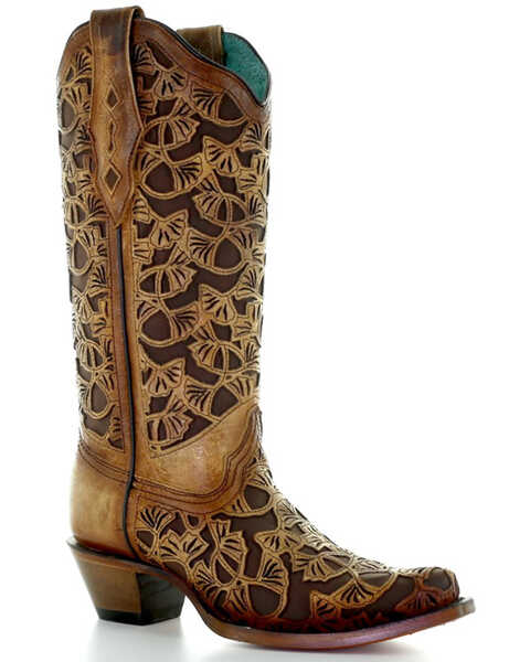 Corral Women's Floral Inlay Western Boots - Snip Toe , Honey, hi-res