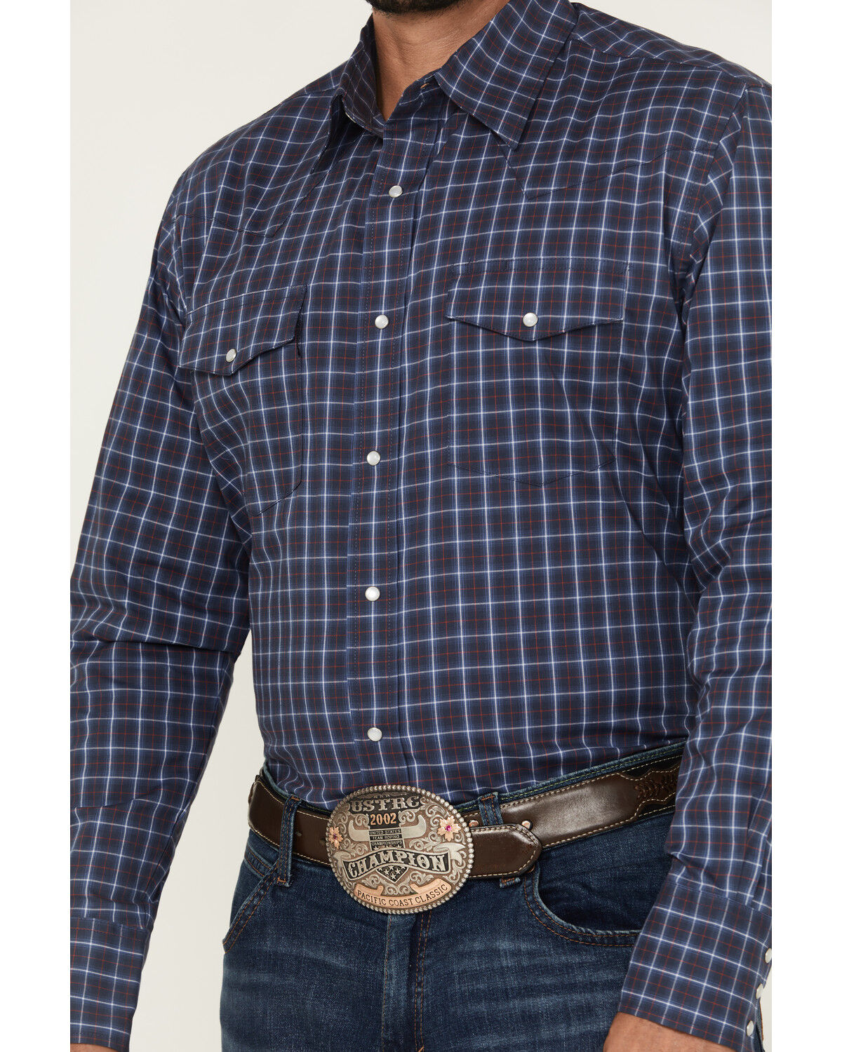 Image #3 - Wrangler Men's Wrinkle Resistant Windowpane Plaid Print Long Sleeve Pearl Snap Stretch Western Shirt, Blue, hi-res