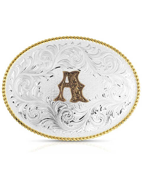 Montana Silversmiths Classic Western Oval Two-Tone Initial Belt Buckle - A, Silver, hi-res