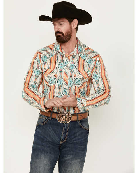 Image #1 - Rock & Roll Denim Men's Southwestern Long Sleeve Pearl Snap Western Shirt , Cream, hi-res