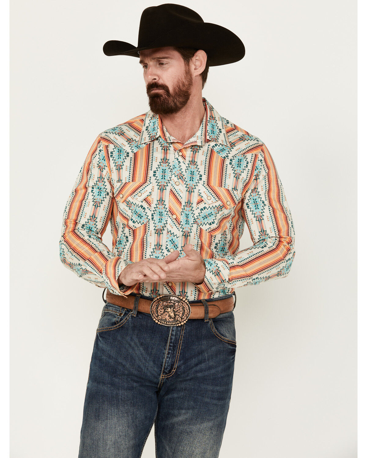 Image #1 - Rock & Roll Denim Men's Southwestern Long Sleeve Pearl Snap Western Shirt, Cream, hi-res