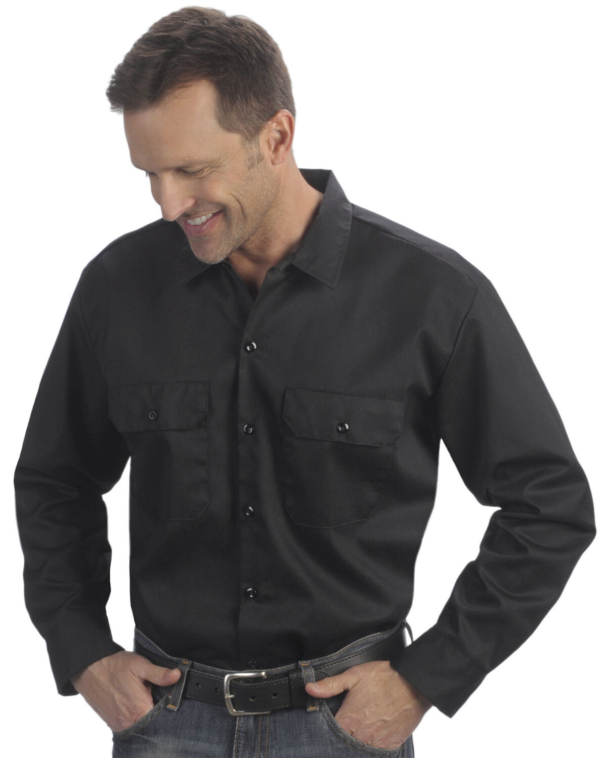 Image #1 - Dickies Men's Solid Twill Long Sleeve Work Shirt - Folded, Black, hi-res